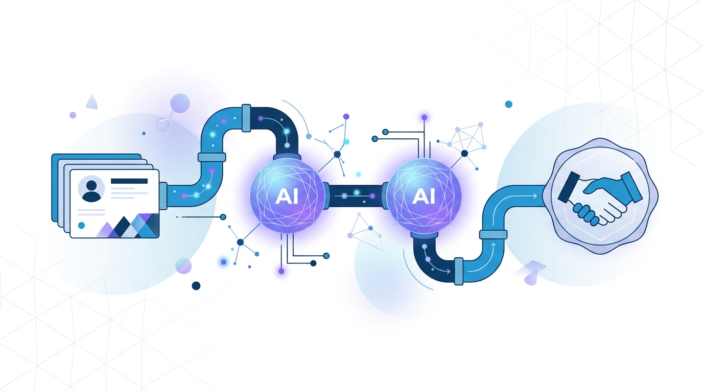 Схема системы продаж: база контактов проходит через два AI-агента и приводит к сделке