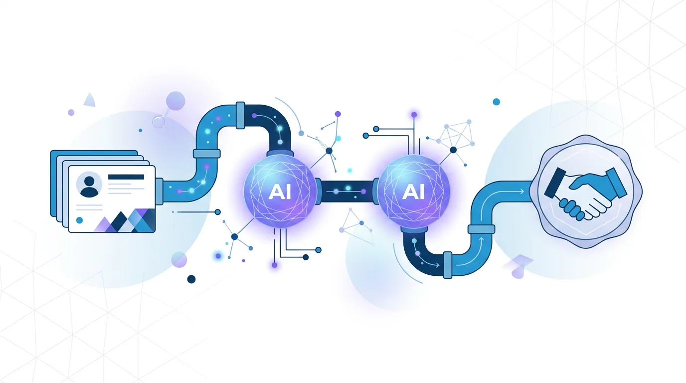 Схема системы продаж: база контактов проходит через два AI-агента и приводит к сделке
